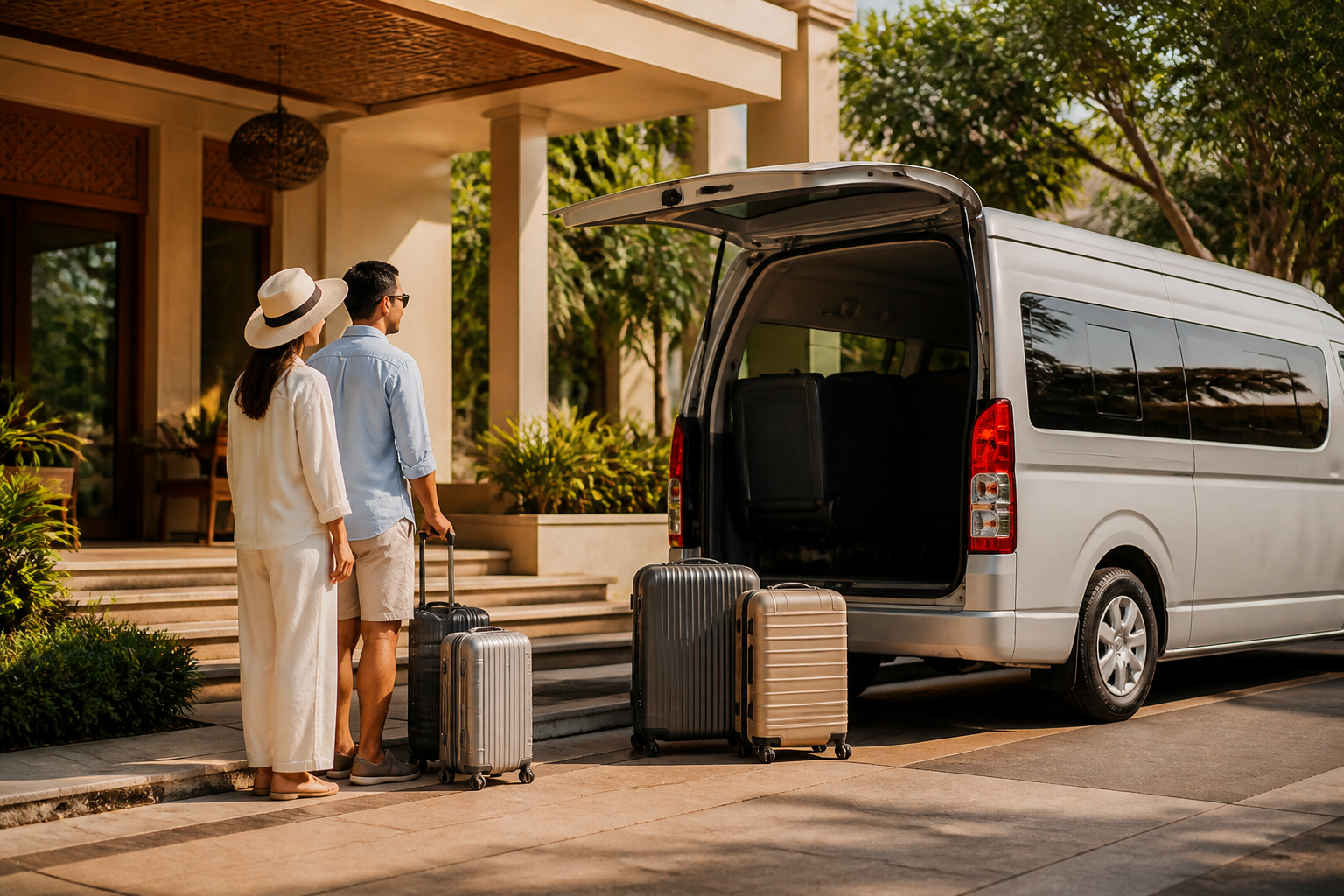 Hotel pickup luggage beside a private van during a Phuket route day