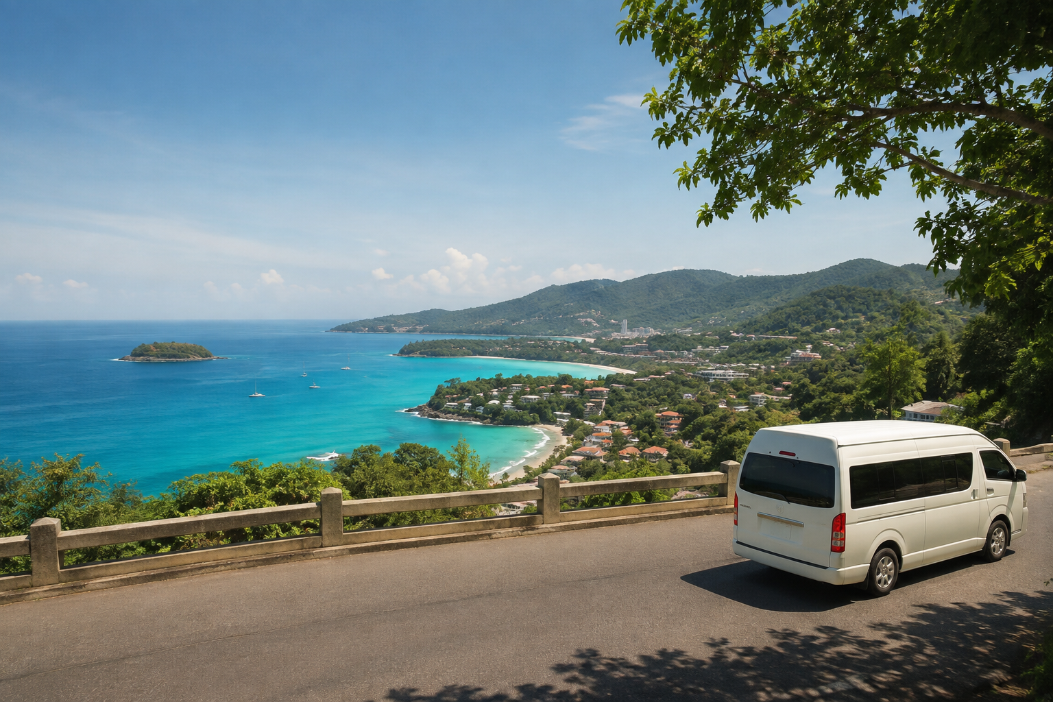 Phuket coastal viewpoint with sea and green hills on a private van route