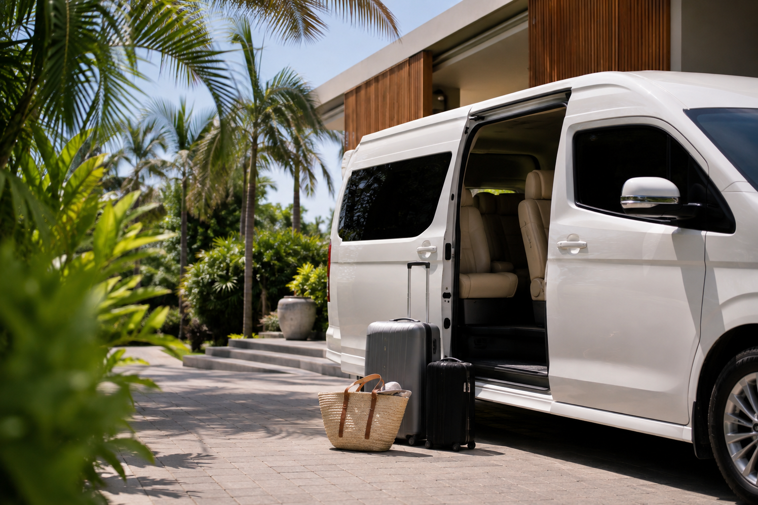 Hotel pickup luggage beside a private van during a Phuket route day