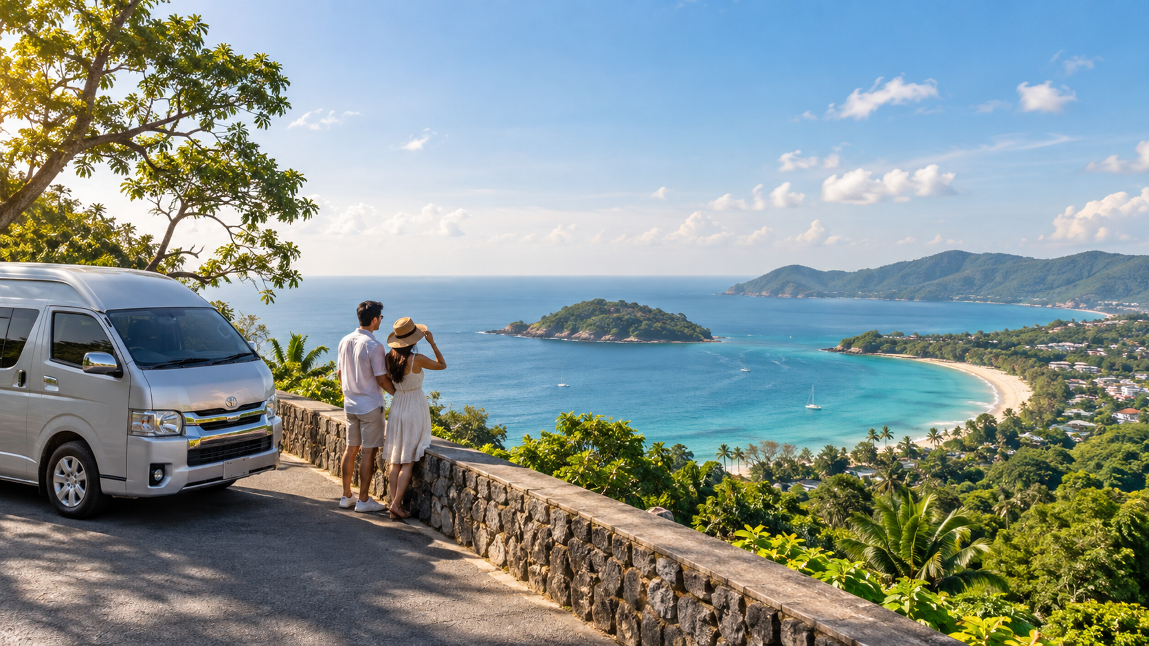 Phuket coastal viewpoint with sea and green hills on a private van route
