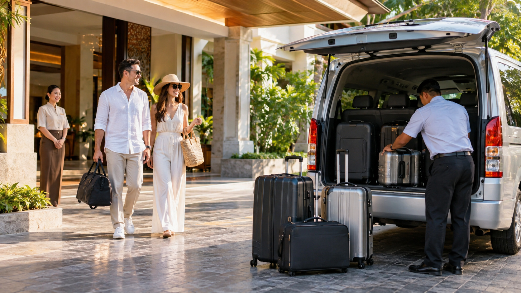 Hotel pickup luggage beside a private van during a Phuket route day