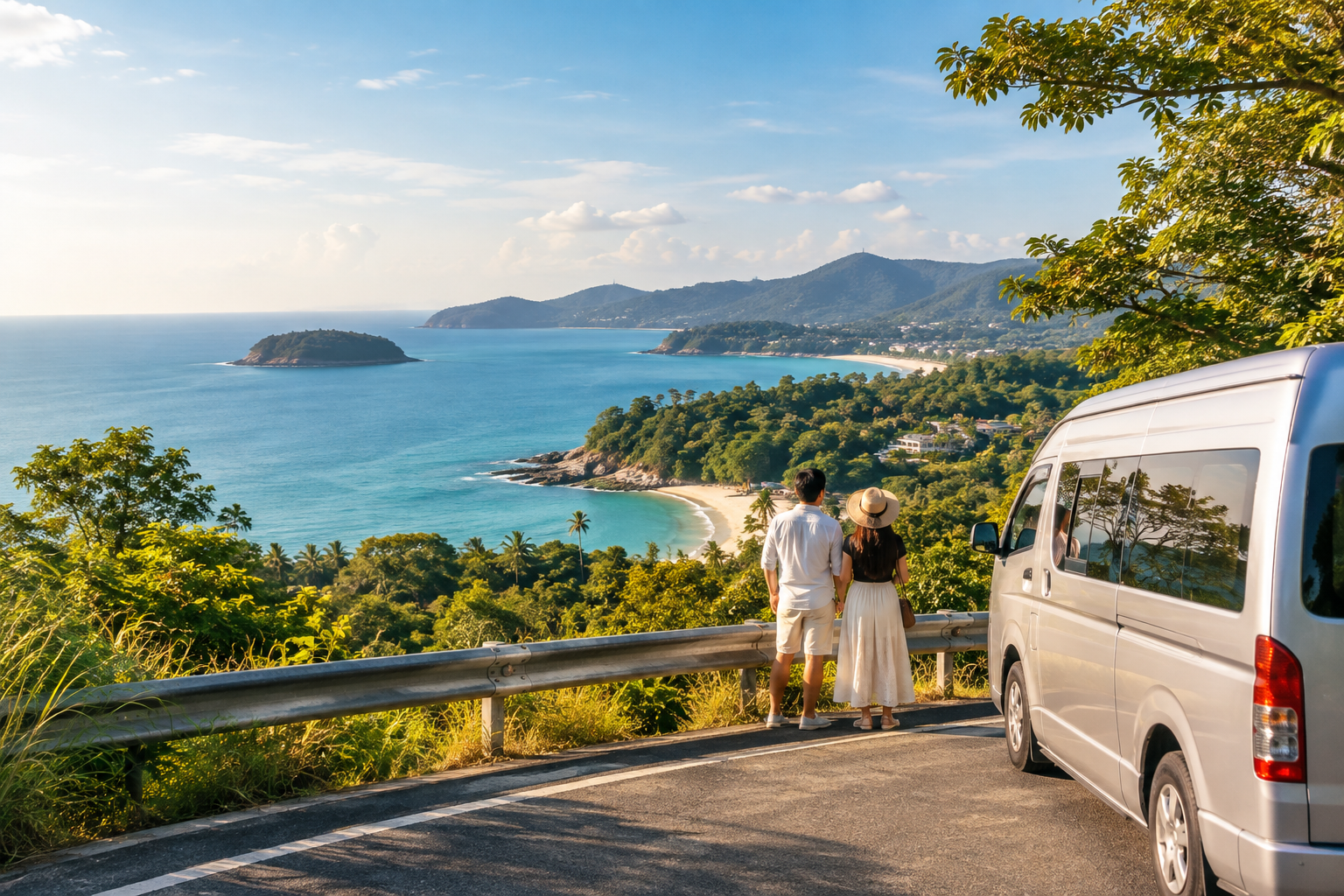 Phuket coastal viewpoint with sea and green hills on a private van route