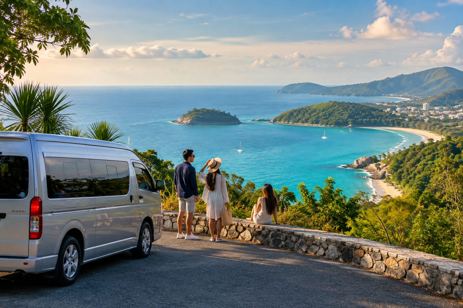 Phuket coastal viewpoint with sea and green hills on a private van route