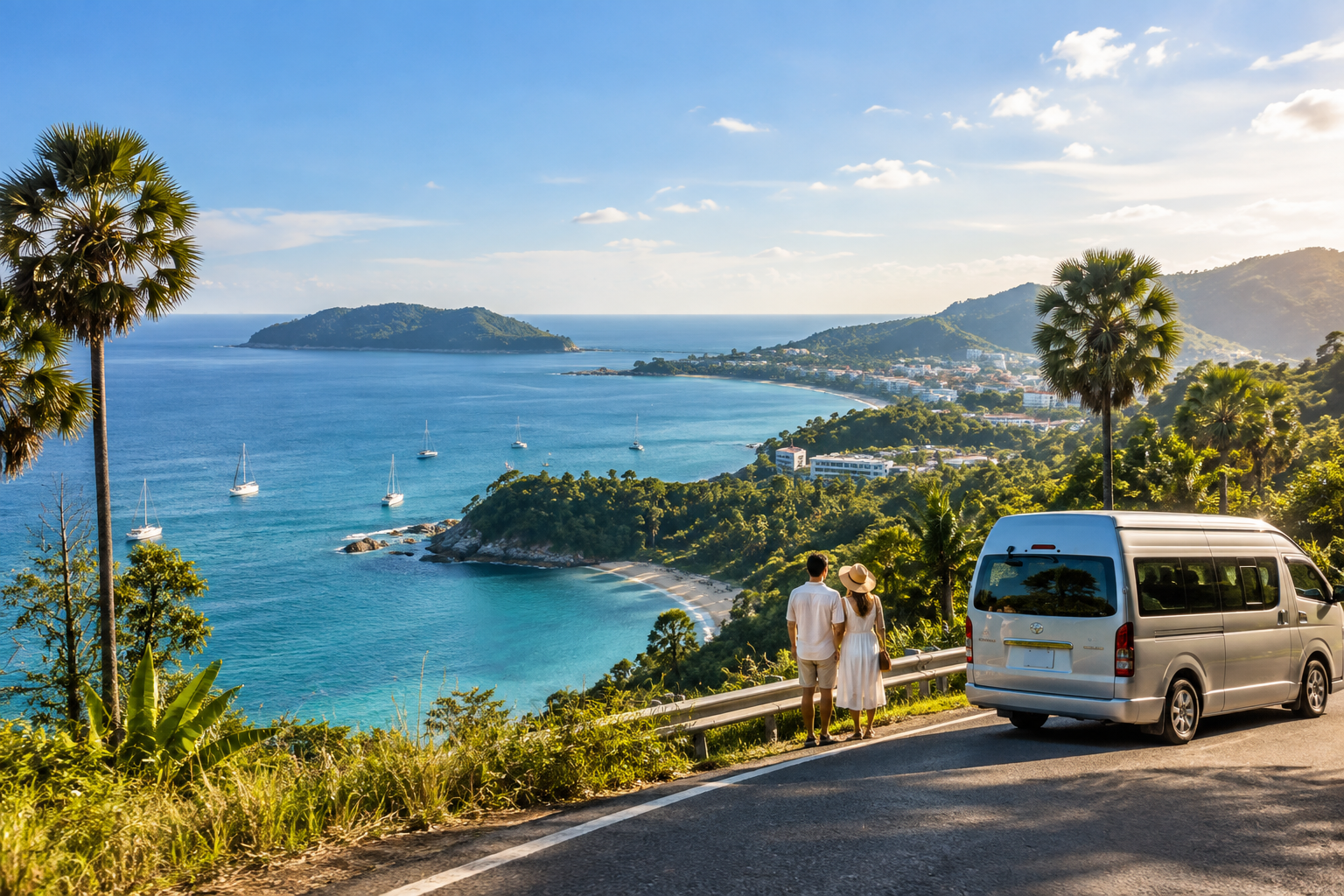Phuket coastal viewpoint with sea and green hills on a private van route