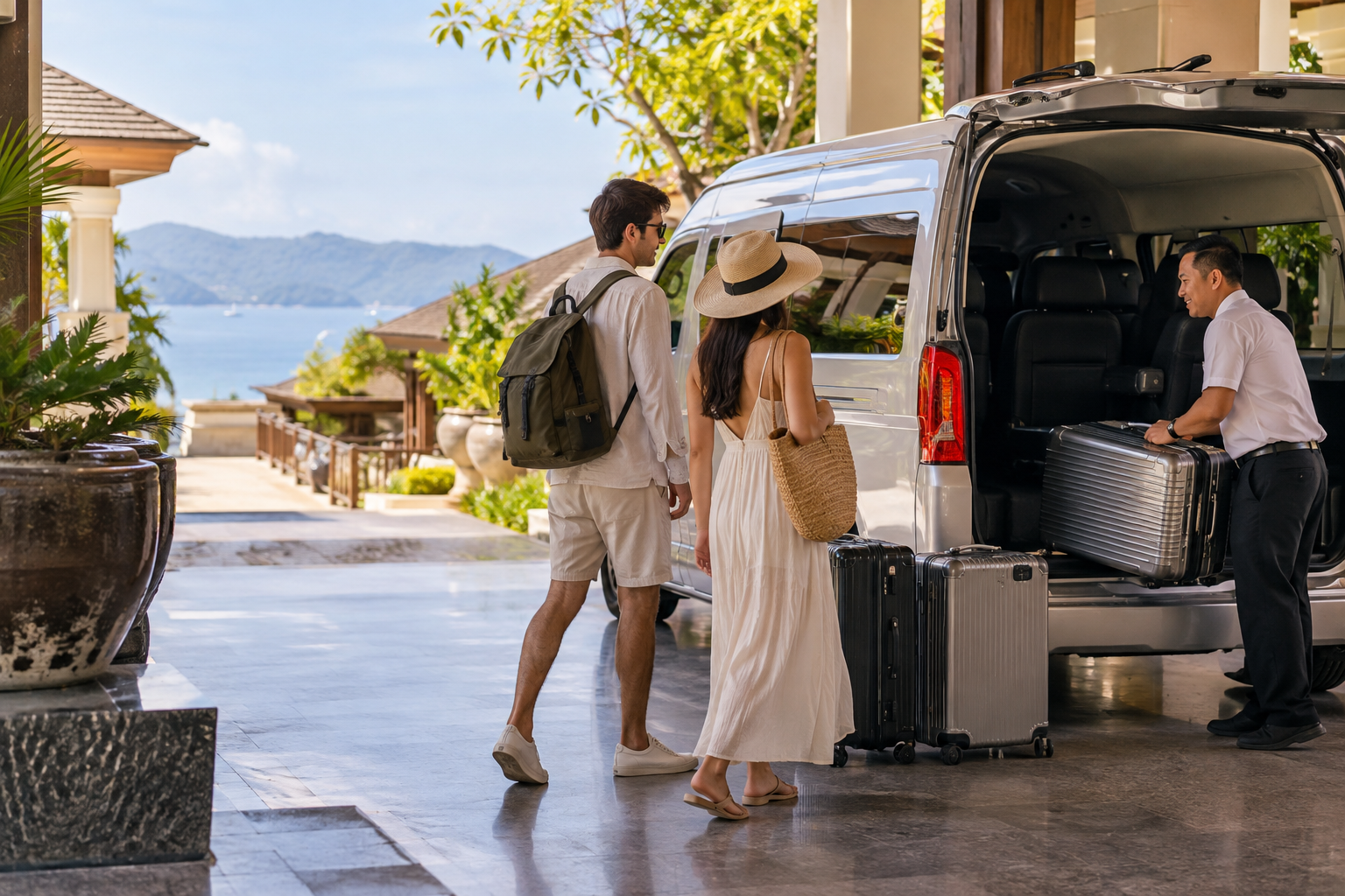 Hotel pickup luggage beside a private van during a Phuket route day
