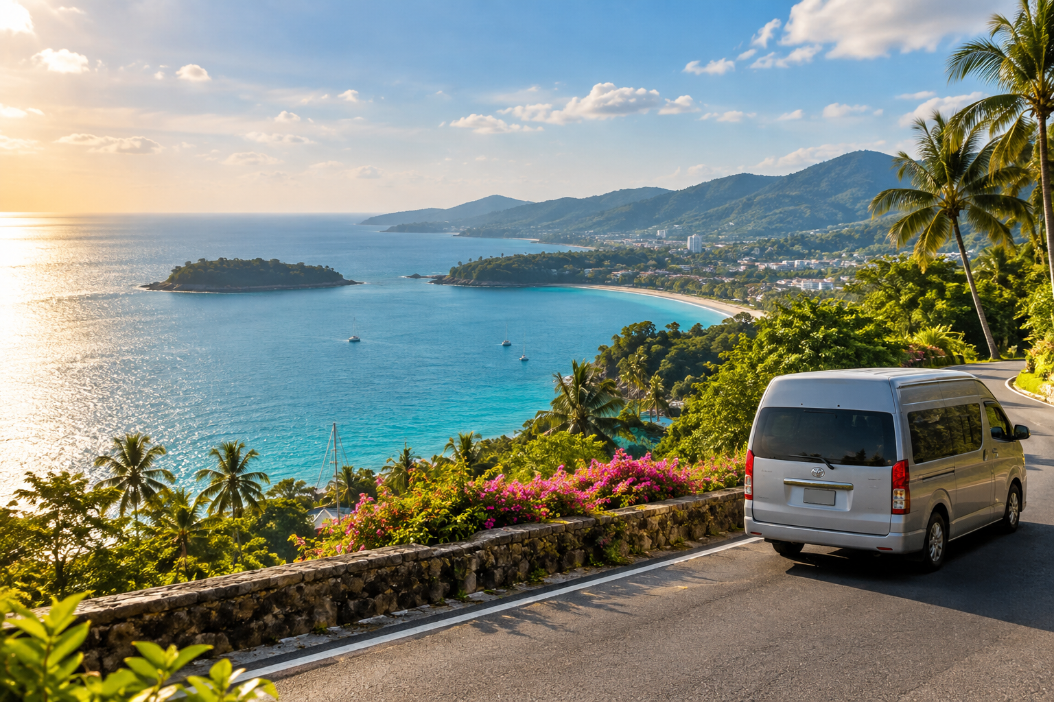 Phuket coastal viewpoint with sea and green hills on a private van route