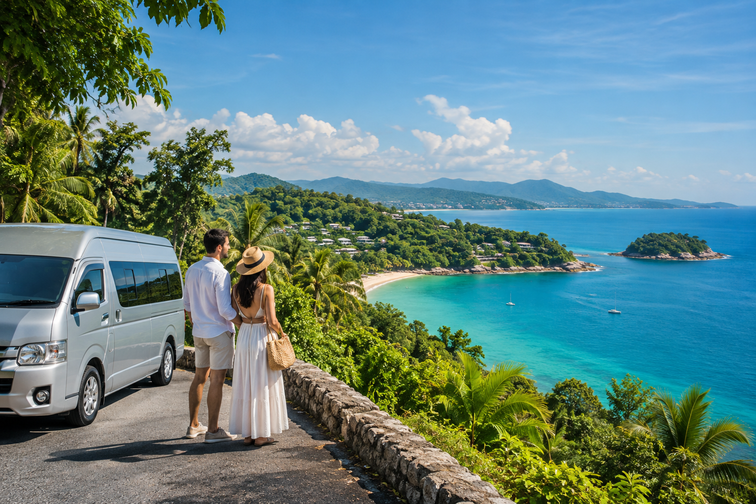 Phuket coastal viewpoint with sea and green hills on a private van route