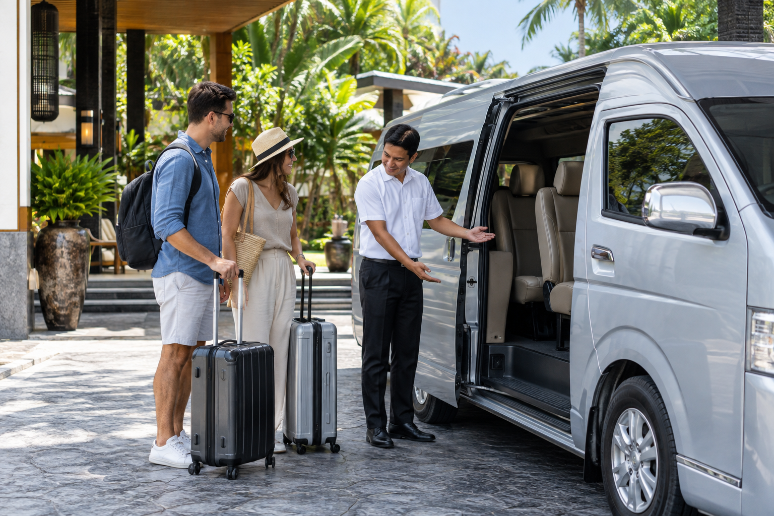 Hotel pickup luggage beside a private van during a Phuket route day