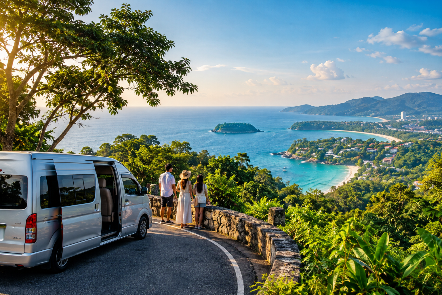 Phuket coastal viewpoint with sea and green hills on a private van route