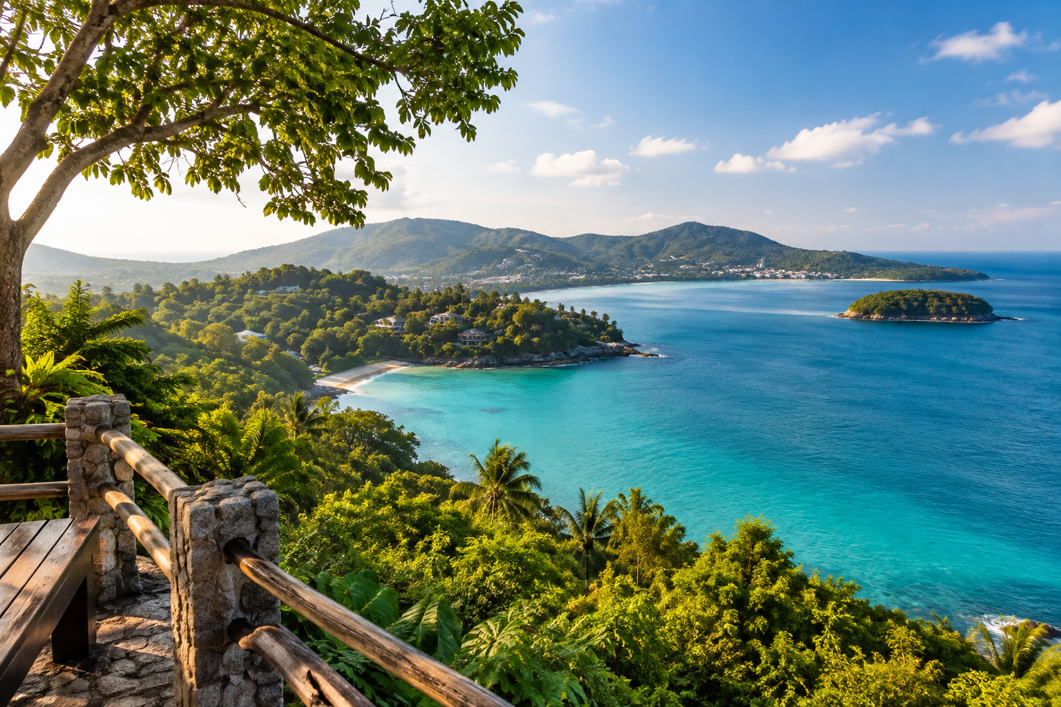 Phuket coastal viewpoint with sea and green hills on a private van route