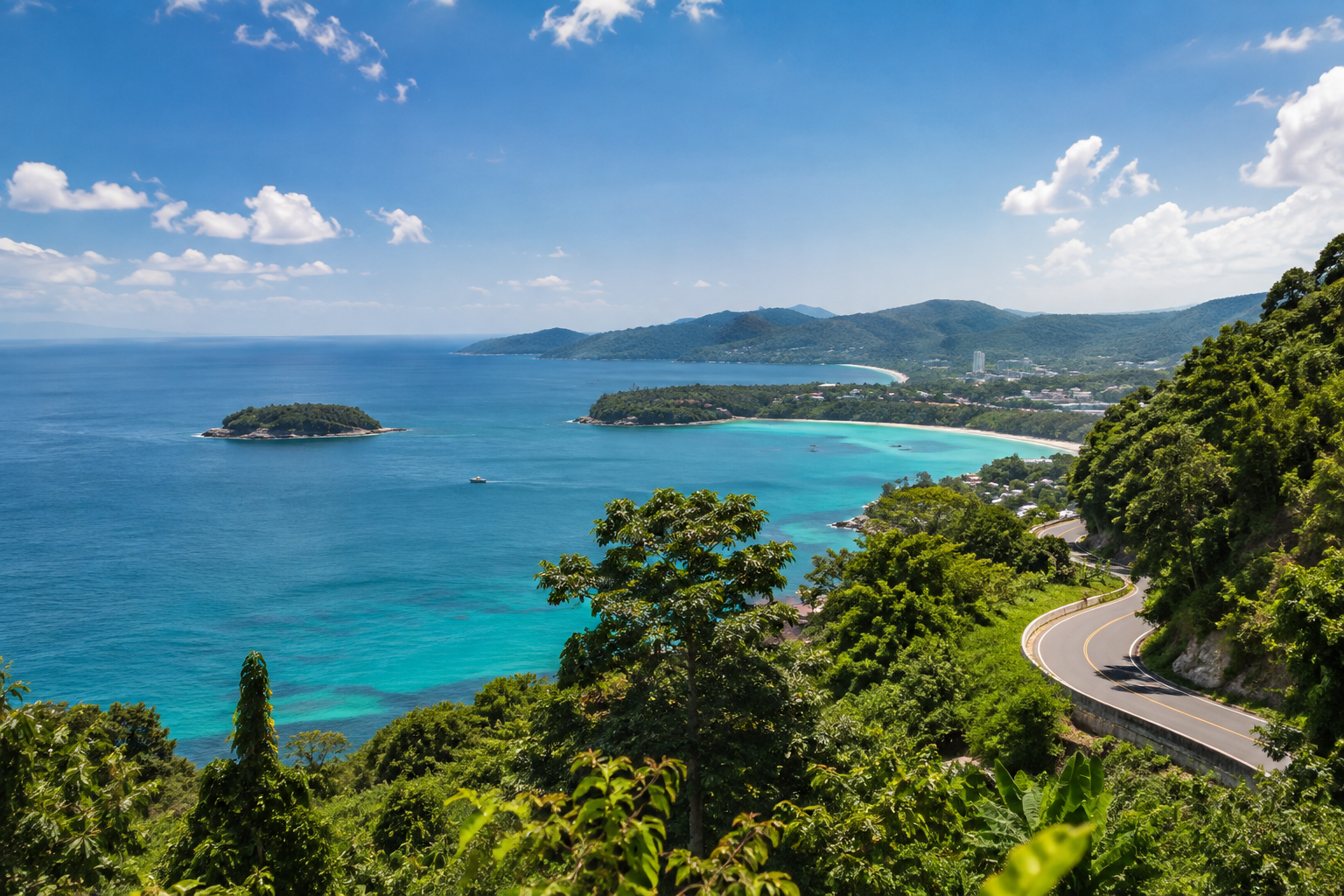 Phuket coastal viewpoint with sea and green hills on a private van route