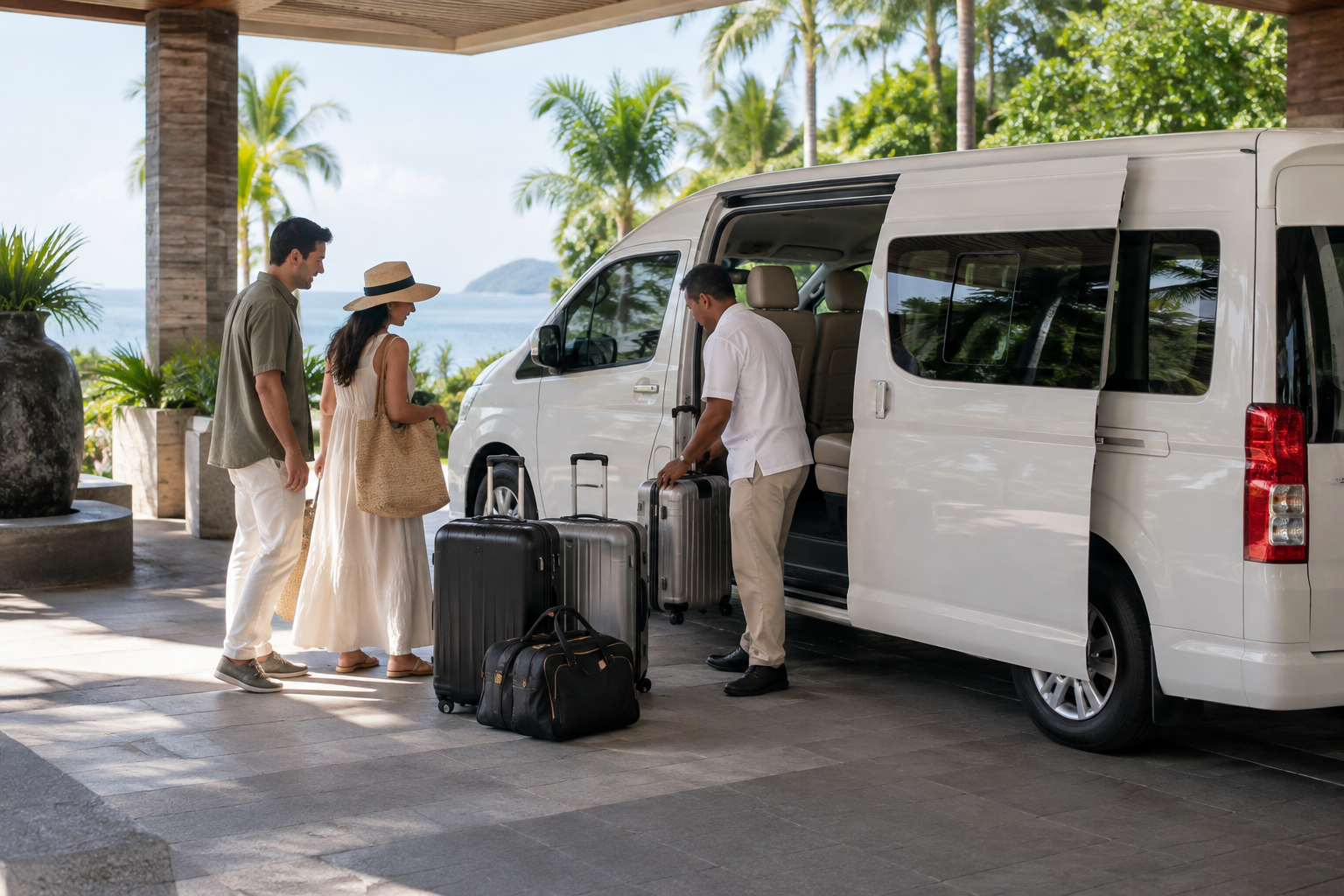 Hotel pickup luggage beside a private van during a Phuket route day
