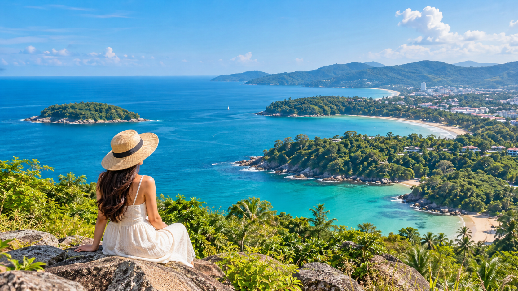Phuket coastal viewpoint with sea and green hills on a private van route