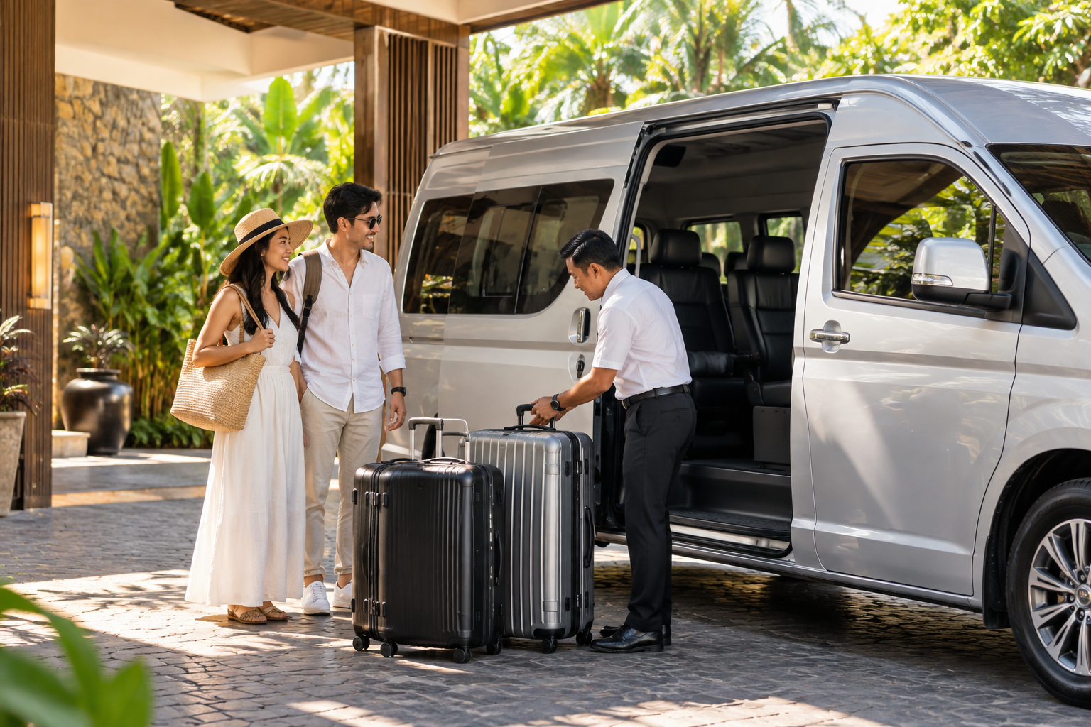 Hotel pickup luggage beside a private van during a Phuket route day