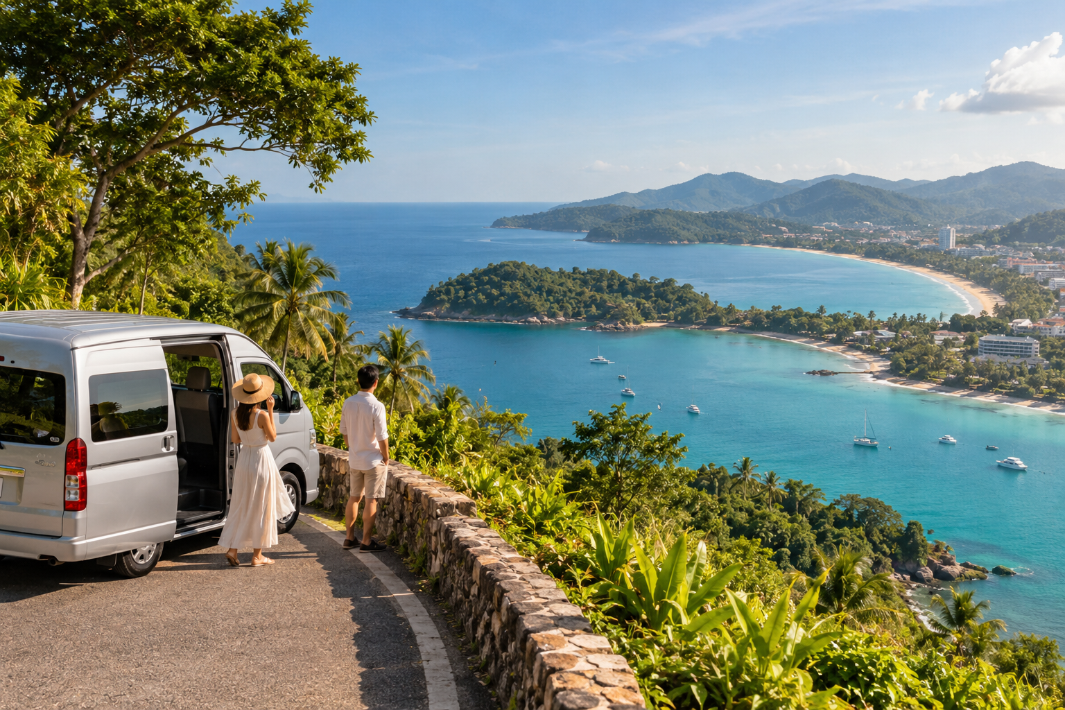 Phuket coastal viewpoint with sea and green hills on a private van route