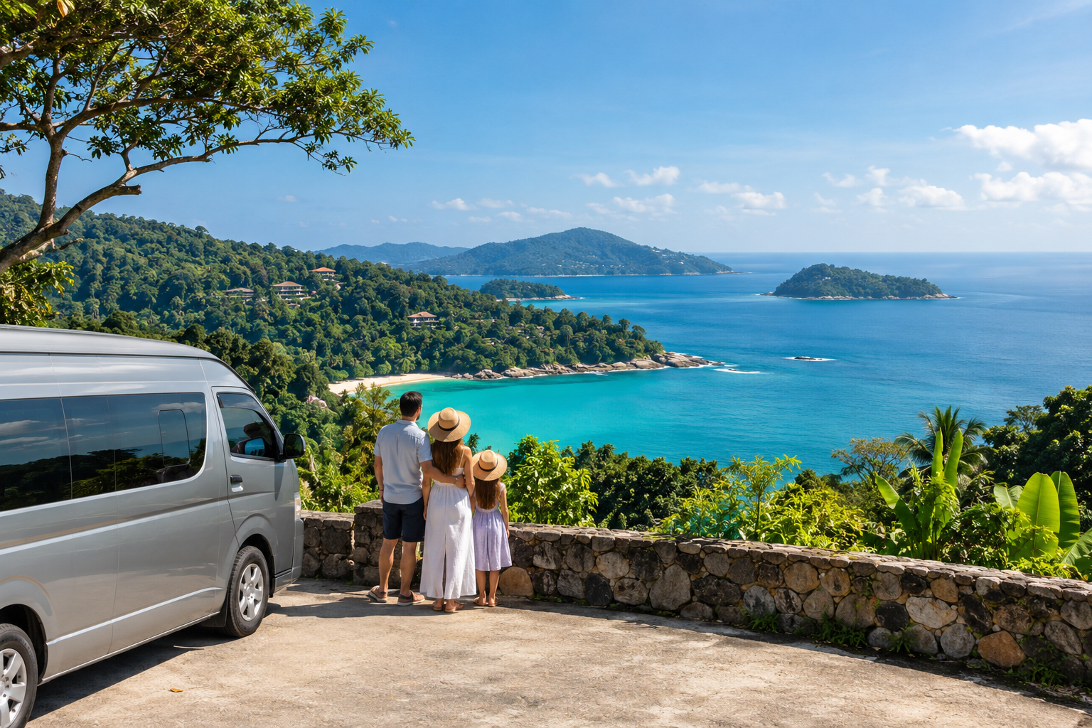 Phuket coastal viewpoint with sea and green hills on a private van route