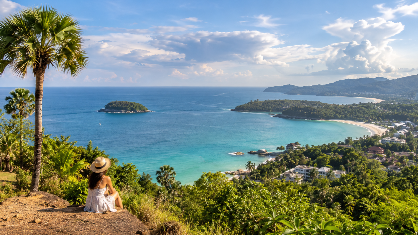 Phuket coastal viewpoint with sea and green hills on a private van route