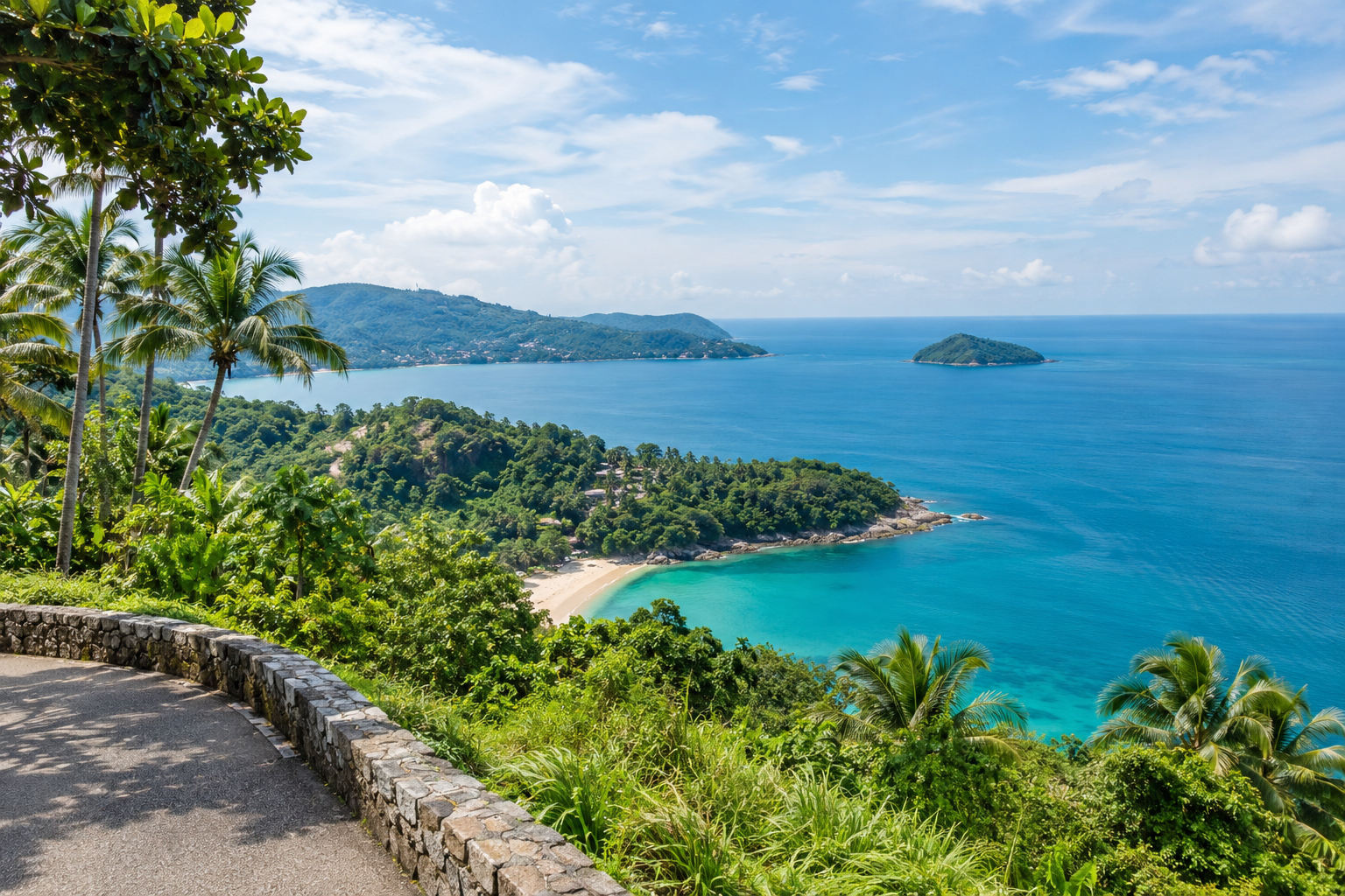 Phuket coastal viewpoint with sea and green hills on a private van route