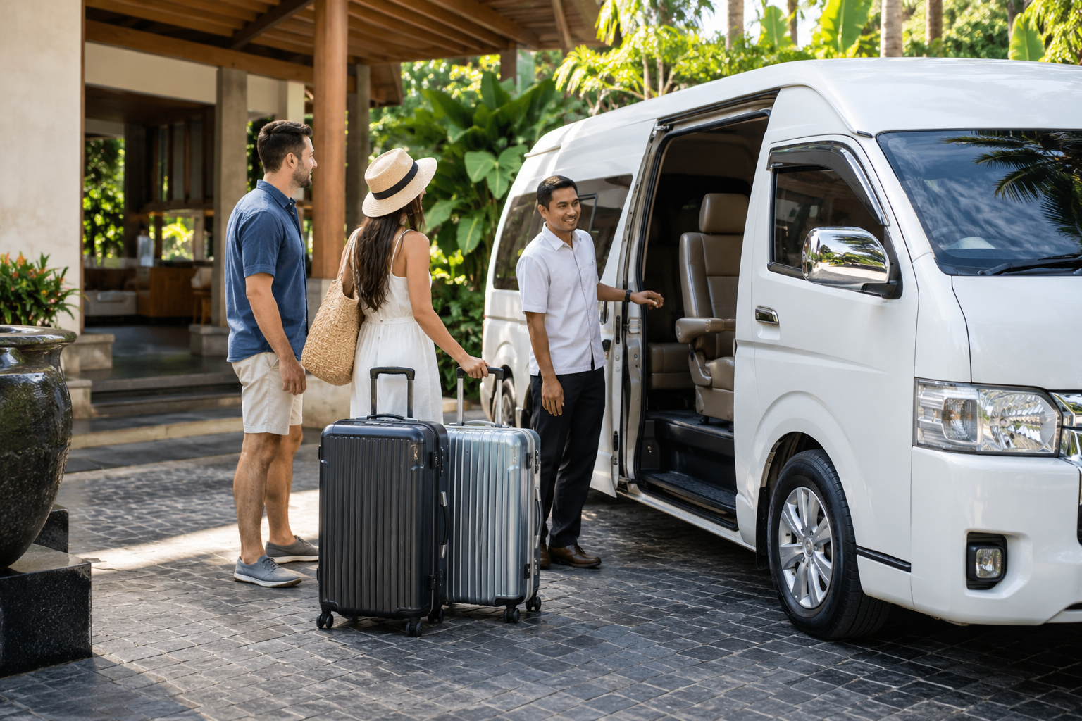 Hotel pickup luggage beside a private van during a Phuket route day