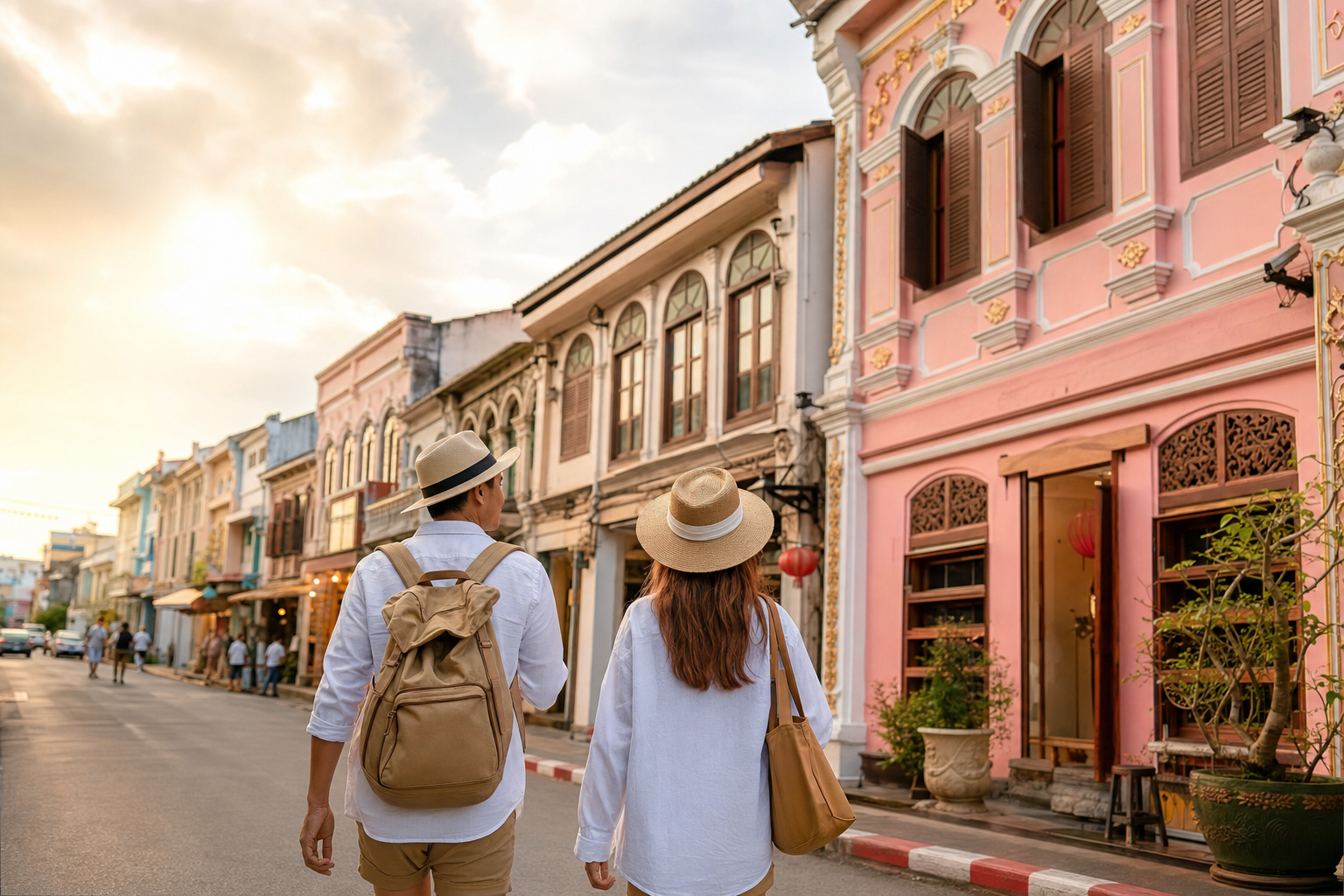 Travelers exploring Phuket Old Town pastel streets at golden hour after a private van day trip.