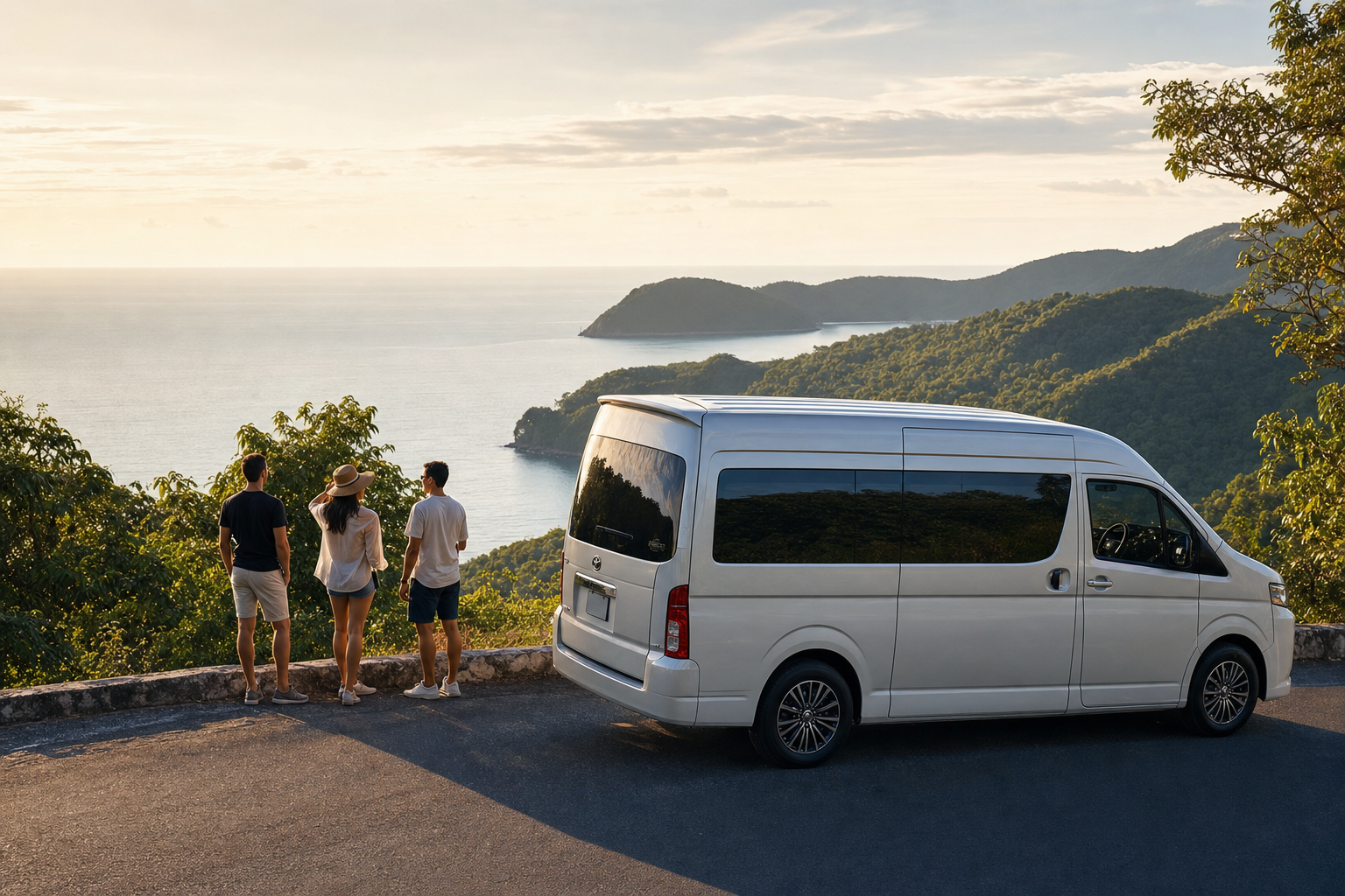 Scenic Phuket viewpoint stop with a private van nearby and sea views at late afternoon.