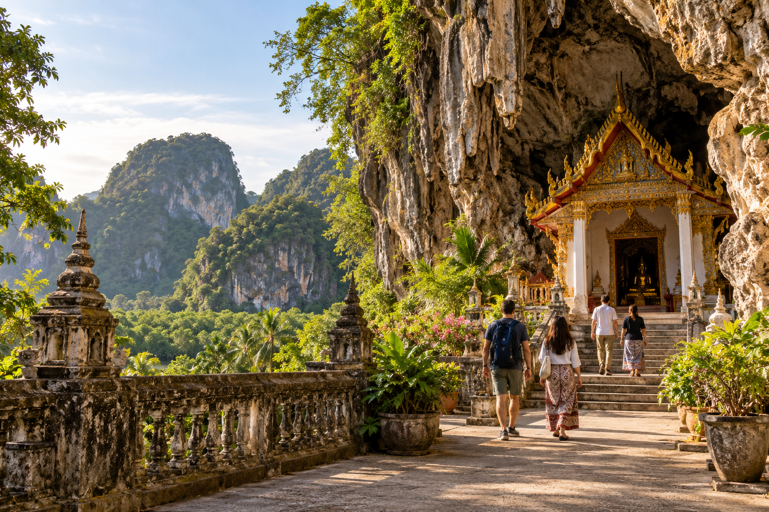 AI-generated illustration of cave-temple surroundings inspired by Phang Nga
