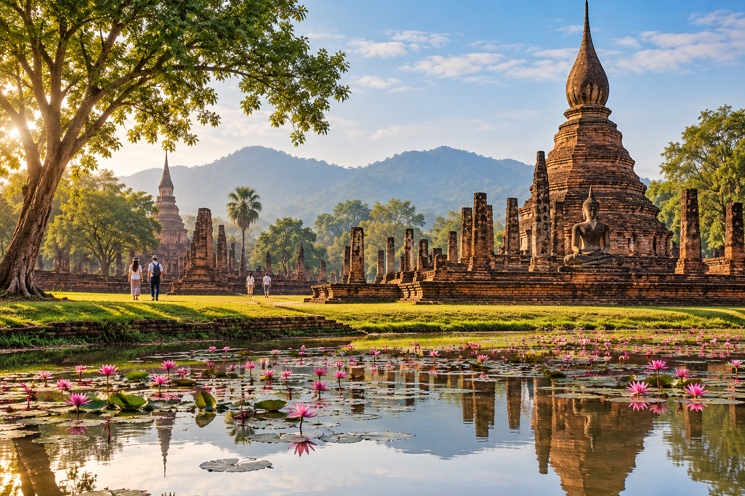 AI-generated illustration of a Sukhothai-inspired brick temple landscape
