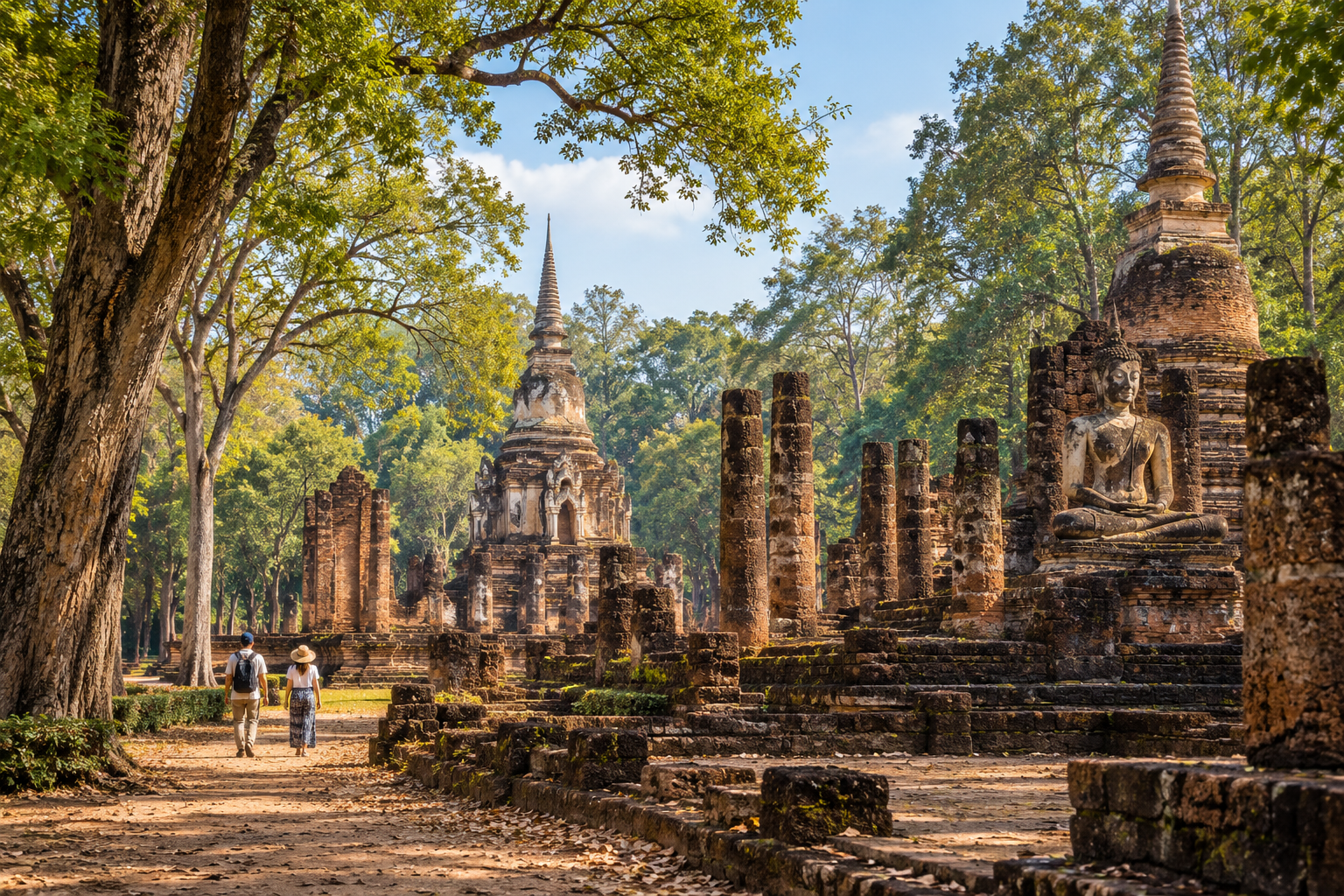 AI-generated illustration of tree-lined ruins inspired by Si Satchanalai