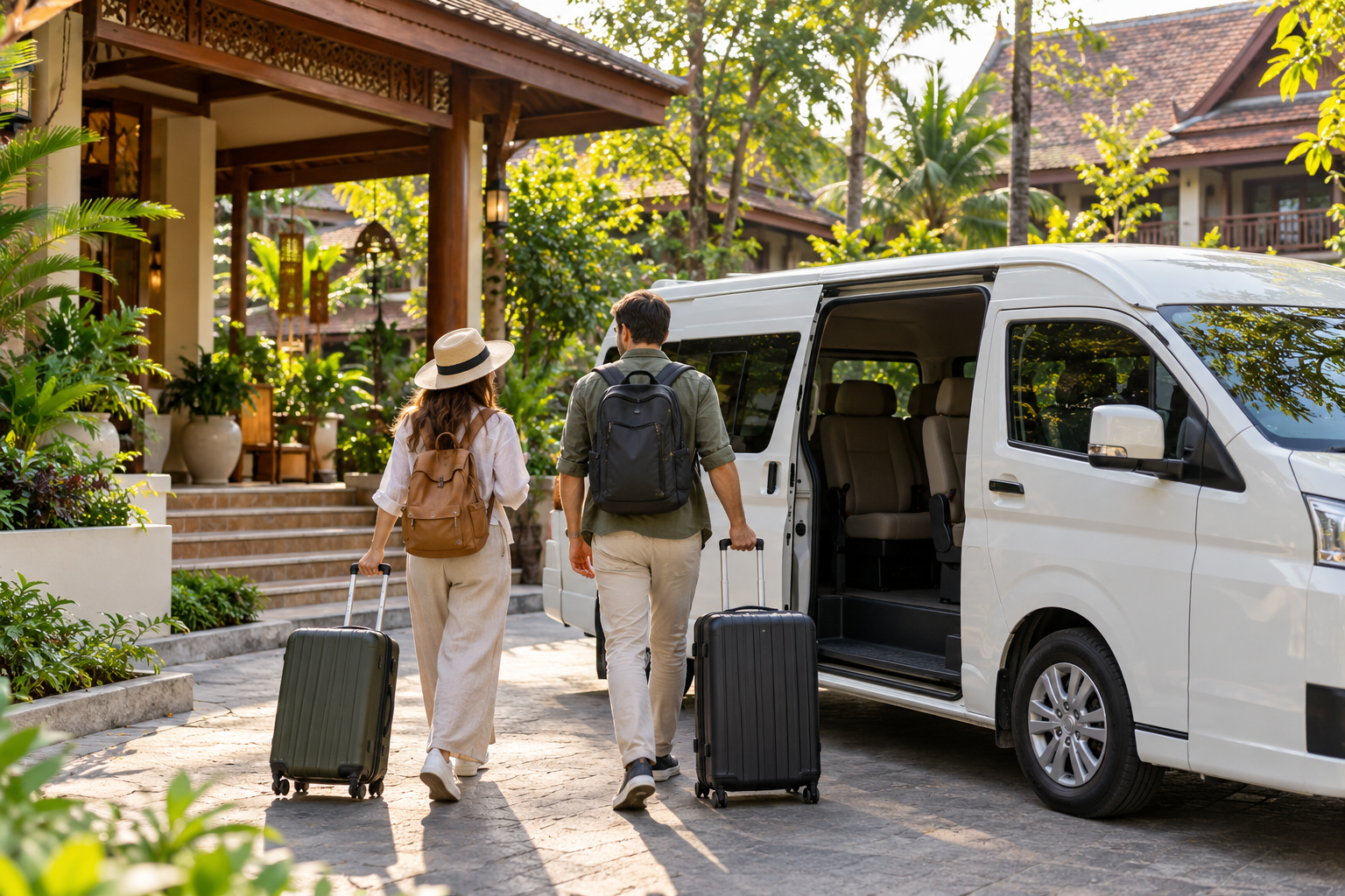 AI-generated illustration of a hotel departure with luggage and private van