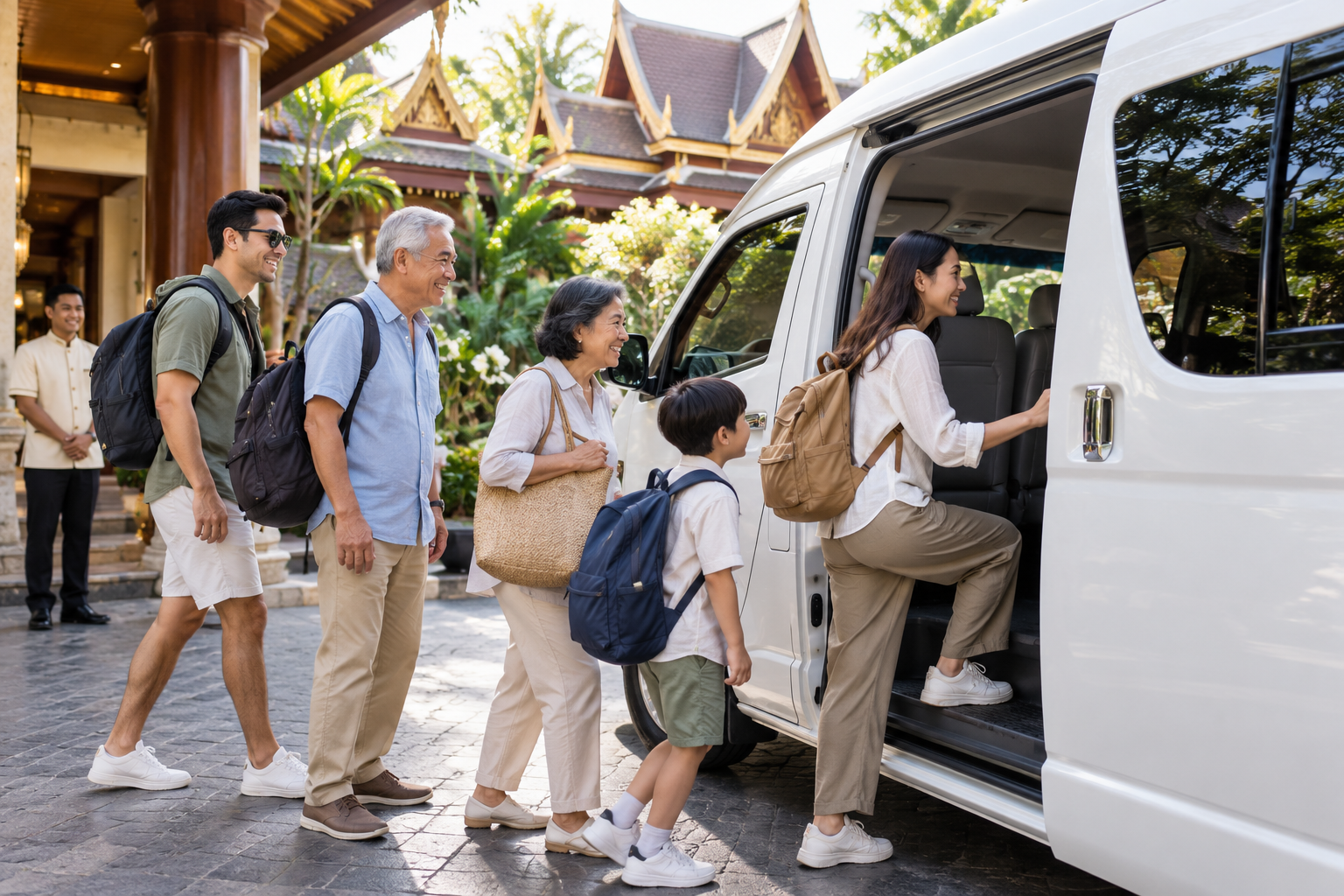 Travel group entering a private van for a comfortable multi-stop Thailand route