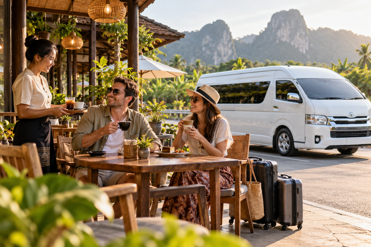 Relaxed cafe break during a chauffeur-driven private van route in Thailand
