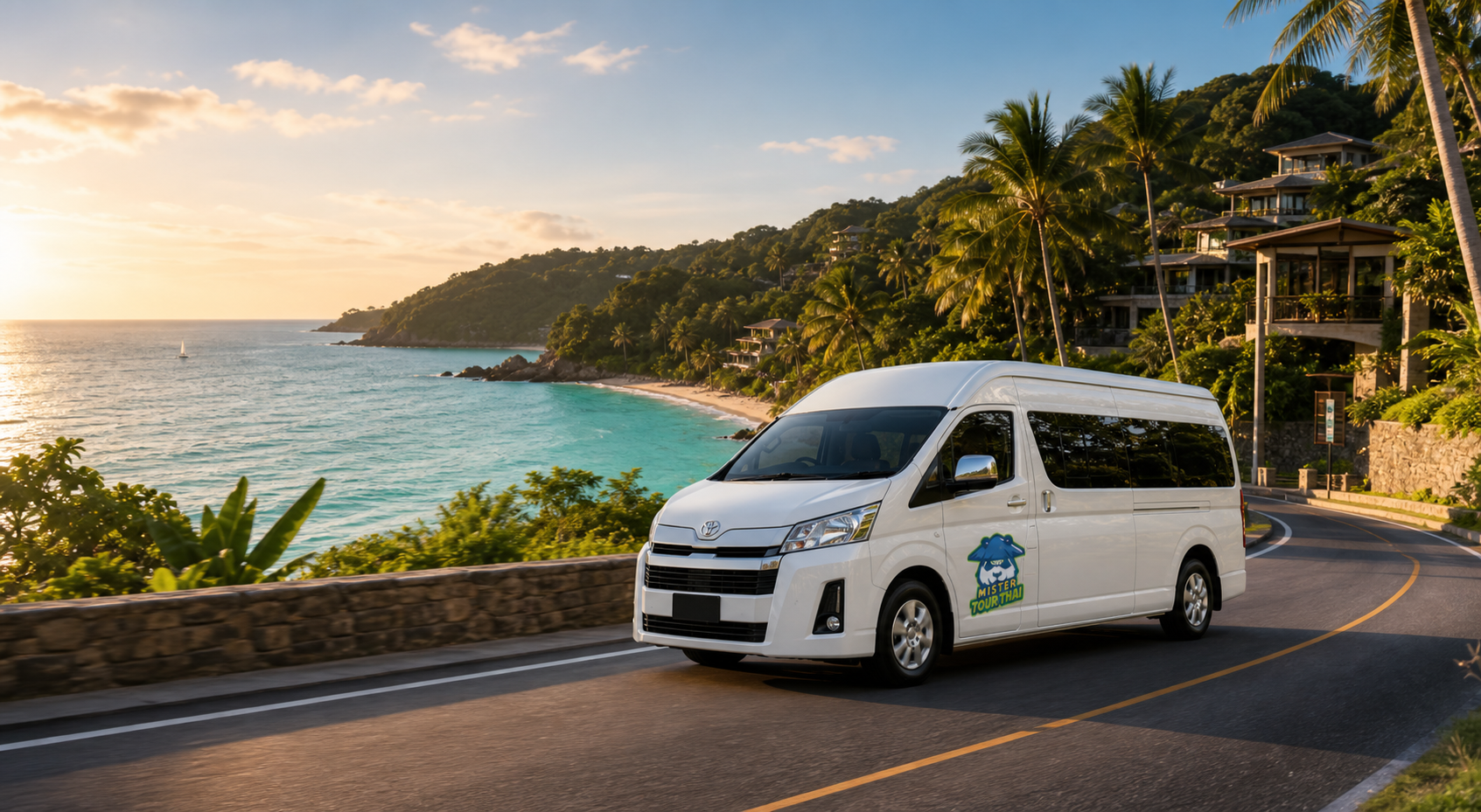 Private van on a coastal road in Phuket at golden hour