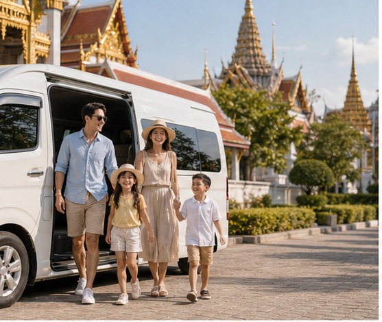 Happy family stepping out of a private van near a Bangkok temple