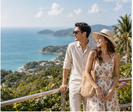 Smiling couple at a Phuket coastal viewpoint