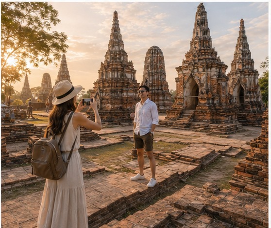 Travelers taking photos at Ayutthaya temple ruins
