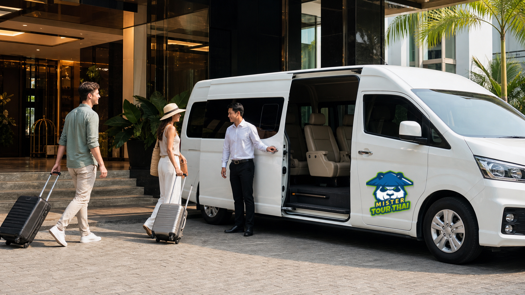 Travelers boarding a Mister Tour Thai private van at a hotel pickup