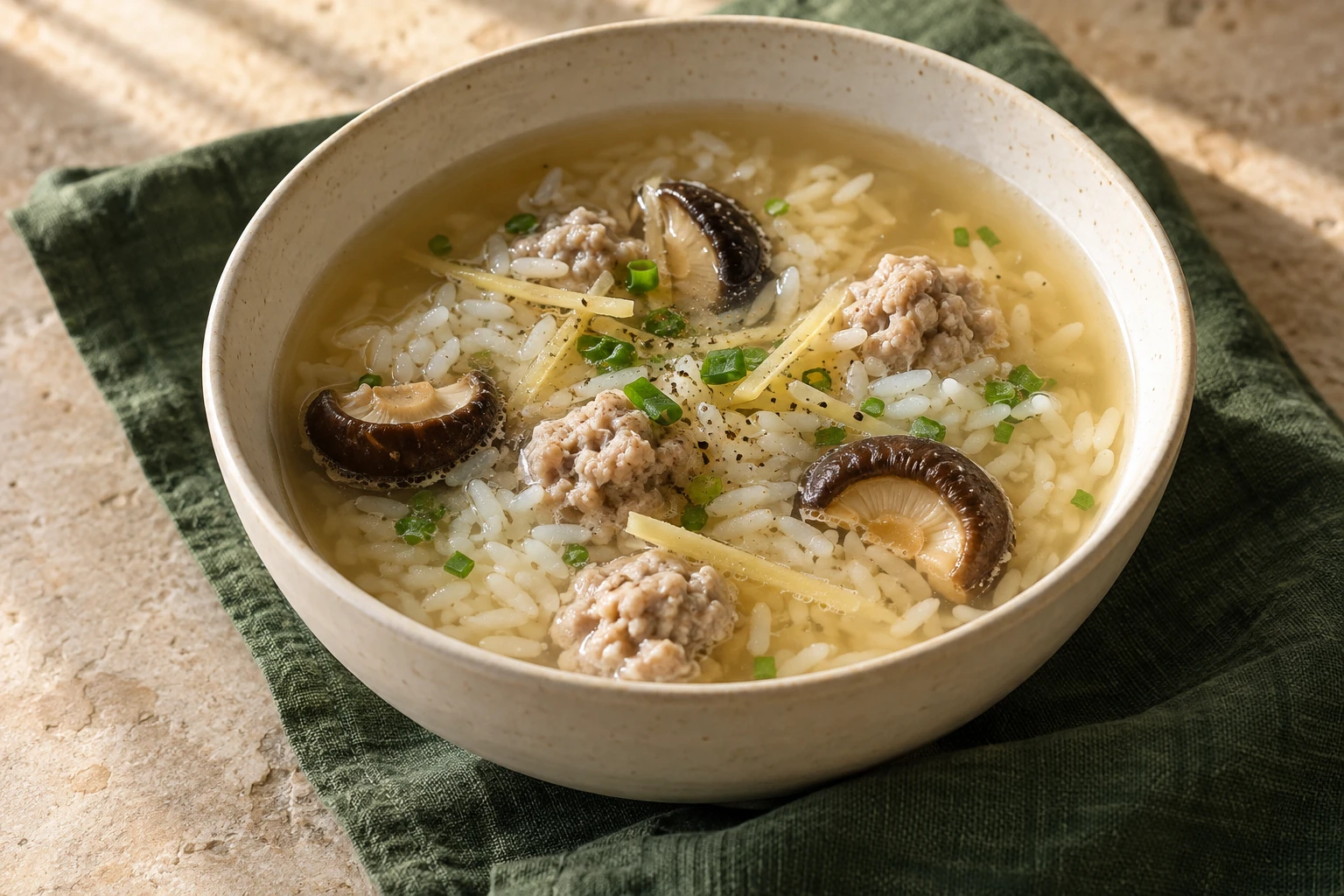 Pork rice soup with mushrooms and ginger, from the THAM food journal